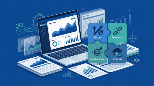 Matriz SWOT financeira em estilo editorial e corporativo