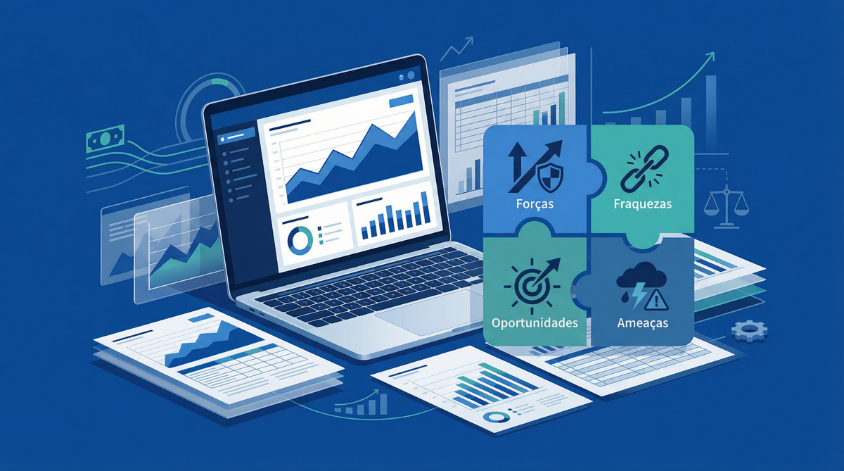 Matriz SWOT financeira em estilo editorial e corporativo